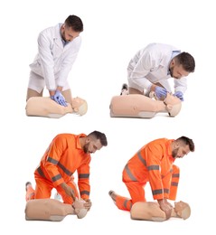 Doctor practicing first aid on mannequin against white background, collage