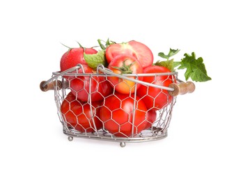 Many ripe tomatoes with leaves in metal basket on white background