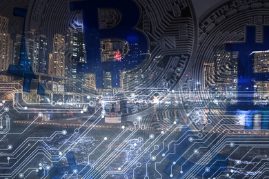 Image of Multiple exposure of silver bitcoins, circuit board illustration and night cityscape