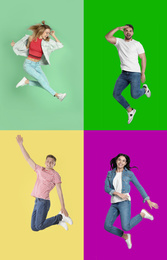 Collage of emotional people jumping on different color backgrounds