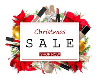 Christmas sale ad with makeup products and decor