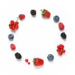 Frame of different berries on white background, top view
