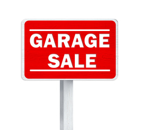 Sign with phrase GARAGE SALE on white background