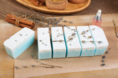 Natural handmade soap with lavender on wooden table