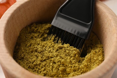 Photo of Henna powder and brush in bowl, closeup. Natural hair coloring