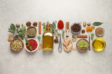 Different herbs and spices on grey table, flat lay
