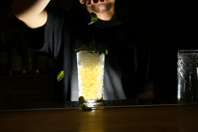 Photo of Bartender decorating glass of fresh alcoholic cocktail at bar counter, closeup