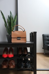 Shelving unit with stylish shoes and bag near grey wall in hallway