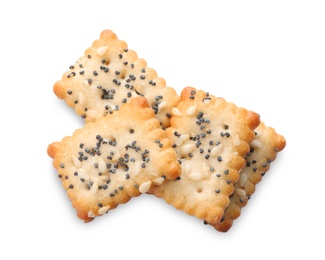 Delicious crispy crackers with poppy and sesame seeds isolated on white, top view