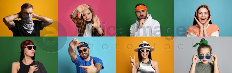 Collage with photos of people wearing stylish bandanas on different color backgrounds. Banner design