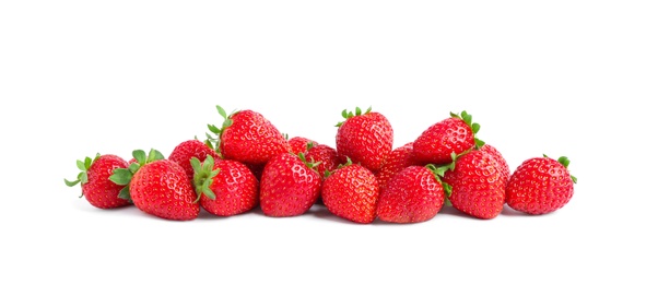 Pile of delicious fresh red strawberries on white background