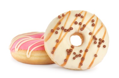 Sweet tasty glazed donuts on white background