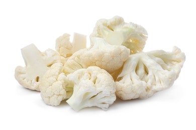 Photo of Pile of cut fresh raw cauliflowers on white background