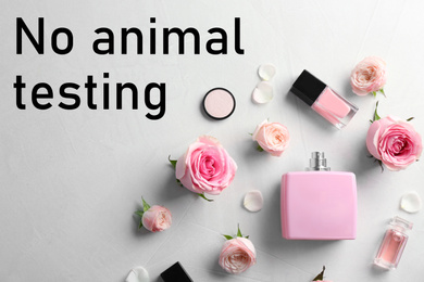 Cosmetic products, flowers and text NO ANIMAL TESTING on light background, flat lay