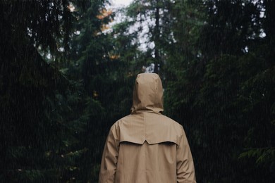 Woman with raincoat in forest under rain, back view