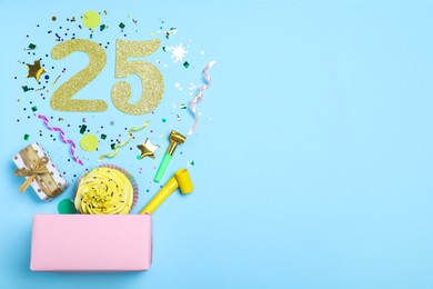 Flat lay composition with decor and numbers on light blue background, space for text. 25th birthday party