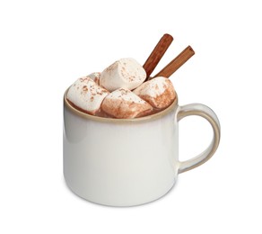 Cup of delicious hot chocolate with marshmallows and cinnamon sticks isolated on white
