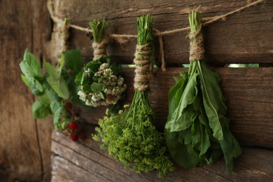 Bunches of different beautiful dried flowers hanging on rope near wooden wall