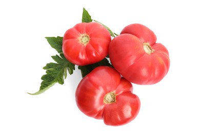 Fresh ripe red tomatoes with leaves on white background, top view