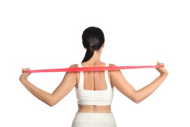 Woman doing sportive exercise with fitness elastic band on white background, back view