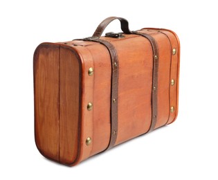 Beautiful brown stylish suitcase on white background