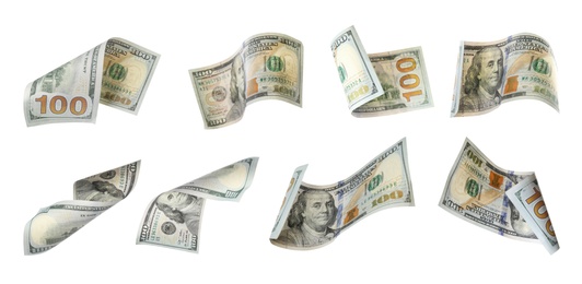 Image of Dollar banknotes flying on white background, collage. Banner design