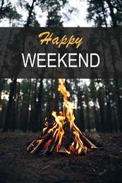 Happy Weekend. Beautiful bonfire with burning firewood in forest