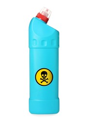 Bottle of toxic household chemical with warning sign on white background