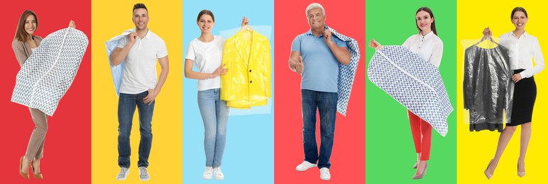 Collage with photos of people holding clothes on different color backgrounds, banner design. Dry-cleaning service