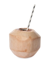 Young peeled coconut with straw isolated on white