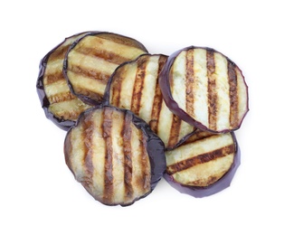 Delicious grilled eggplant slices on white background, top view