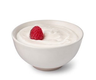 Bowl of delicious yogurt with raspberry isolated on white