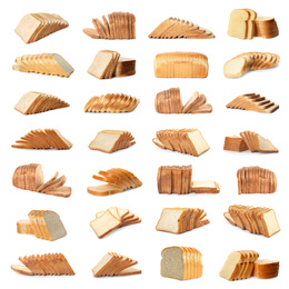 Collection of sliced bread on white background