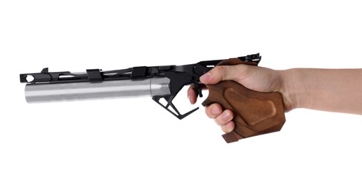 Photo of Gun shooting sport. Man aiming standard pistol on white background, closeup