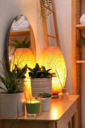 Green plants, lamp and different accessories on wooden table indoors. Interior design