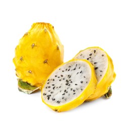 Photo of Delicious cut and whole yellow pitahaya fruits on white background