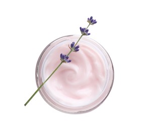 Jar of hand cream and lavender on white background, top view