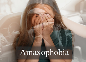 Young woman suffering from amaxophobia. Irrational fear of vehicles