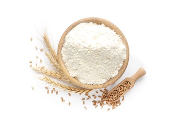 Photo of Flour in bowl, spikelets and scoop with grains on white background, top view