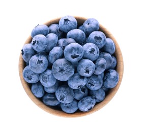 Tasty fresh ripe blueberries in wooden bowl on white background, top view