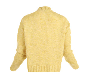 Photo of Stylish warm yellow sweater isolated on white