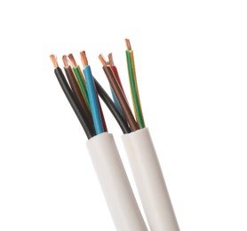 Cables with stripped wires on white background