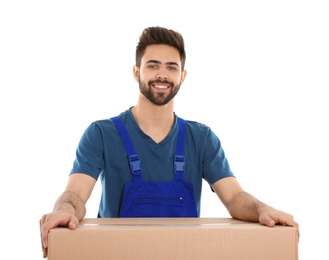 Young worker with box isolated on white. Moving service