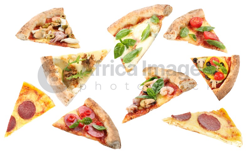 Image of Set with slices of different pizzas falling on white background