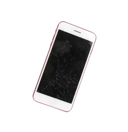 Modern smartphone with broken display isolated on white. Device repair service