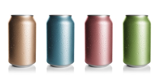 Set with different colorful aluminium cans of beverage on white background. Banner design