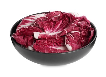 Leaves of ripe radicchio in bowl on white background