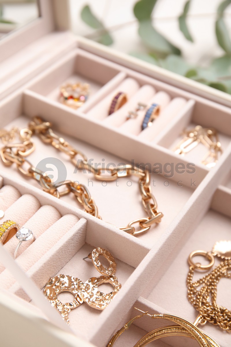 Jewelry box with stylish golden bijouterie, closeup view