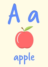 Learning English alphabet. Card with letter A and apple, illustration