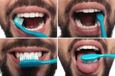 Collage with photos of man brushing teeth on white background, closeup. Dental care, step by step instructions